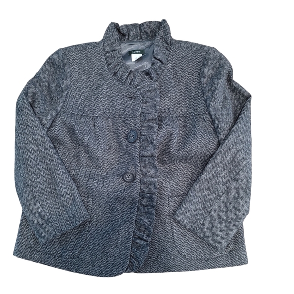 J. Crew Jackets & Blazers - J.Crew Gray Black Wool Tweed Herringbone Jacket Blazer Ruffle Trim Size 0